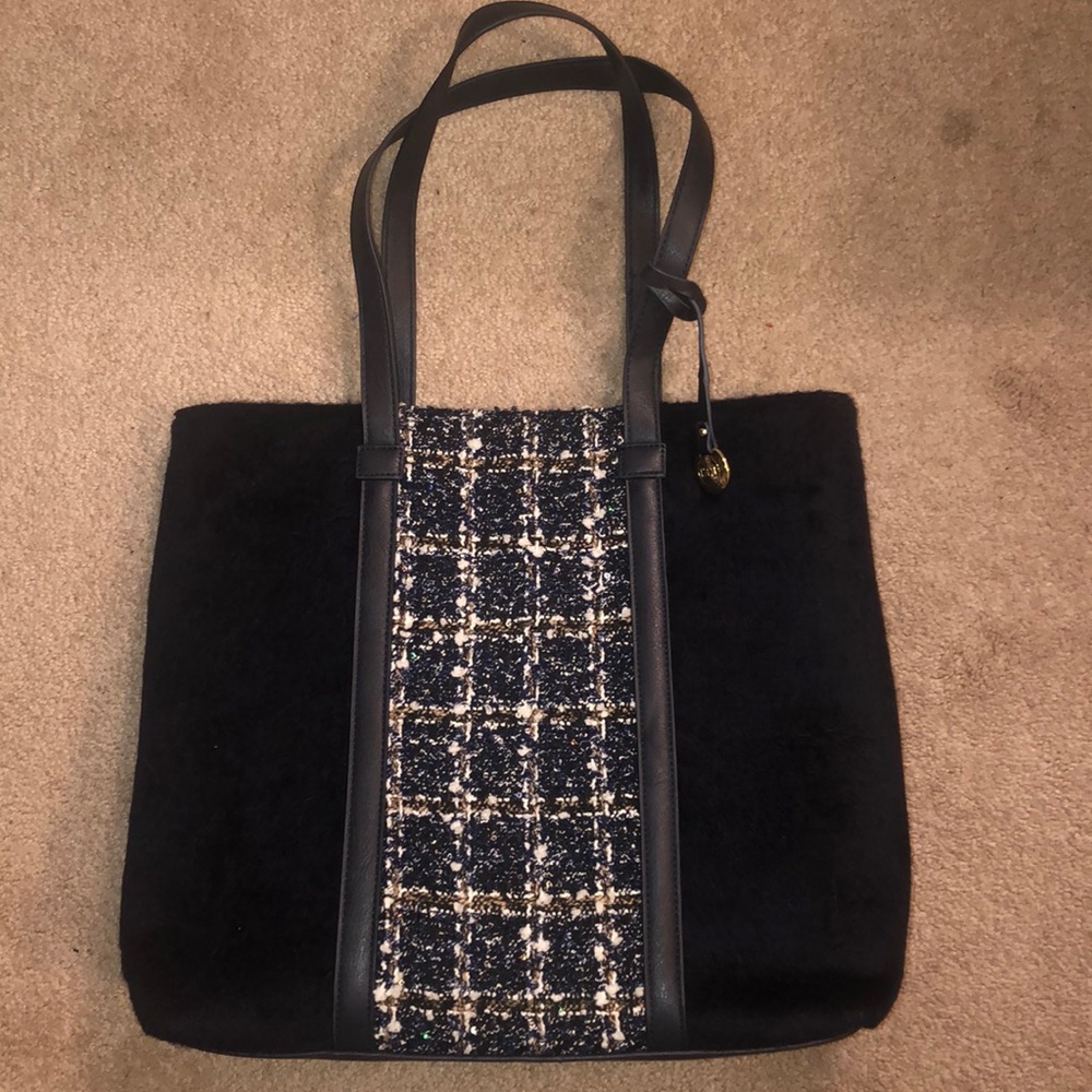 NWOT Coco + Carmen Navy Blue & Gold Plaid Tote Bag
